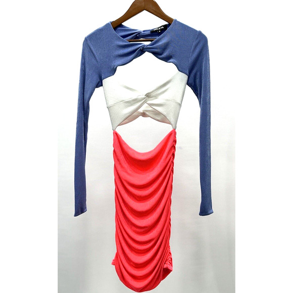 SER.O.YA Womens Small Midi Bodycon Cut Out Blue White Hot Pink Ruched Dress NWO